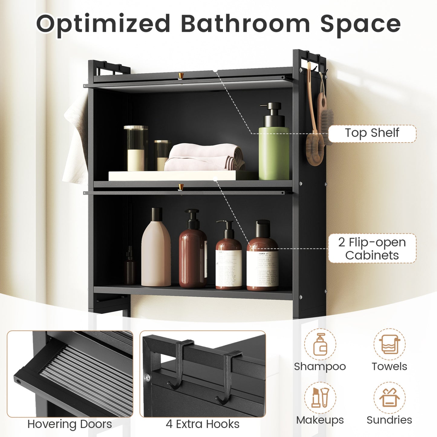 Over-the-toilet Cabinet Bathroom Organizer with 2 Flip-up Cabinets-Black