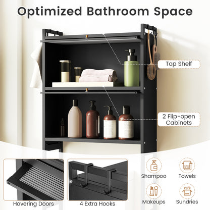 Over-the-toilet Cabinet Bathroom Organizer with 2 Flip-up Cabinets-Black