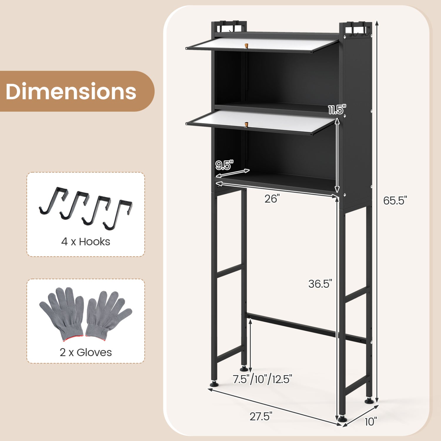 Over-the-toilet Cabinet Bathroom Organizer with 2 Flip-up Cabinets-Black