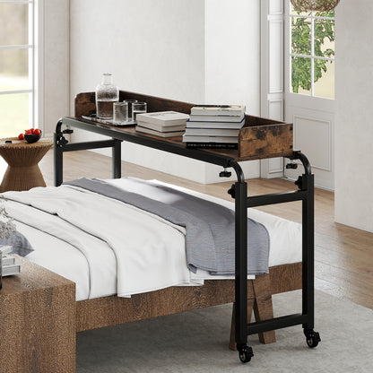 Overbed Desk with Wheels Queen Size Mobile Bed Desk with Adjustable Height-Brown
