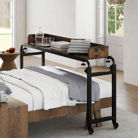 Overbed Desk with Wheels Queen Size Mobile Bed Desk with Adjustable Height-Brown