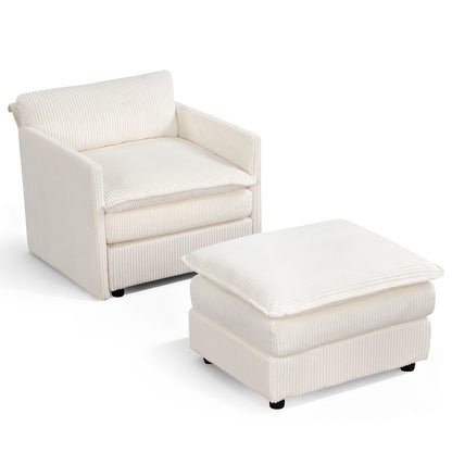 Oversized Accent Chair with Ottoman with Soft Corduroy Cushions-Beige