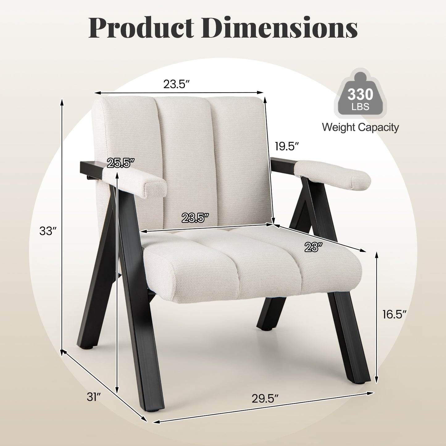 Oversized Accent Chair with Metal Frame and Armrests-Beige
