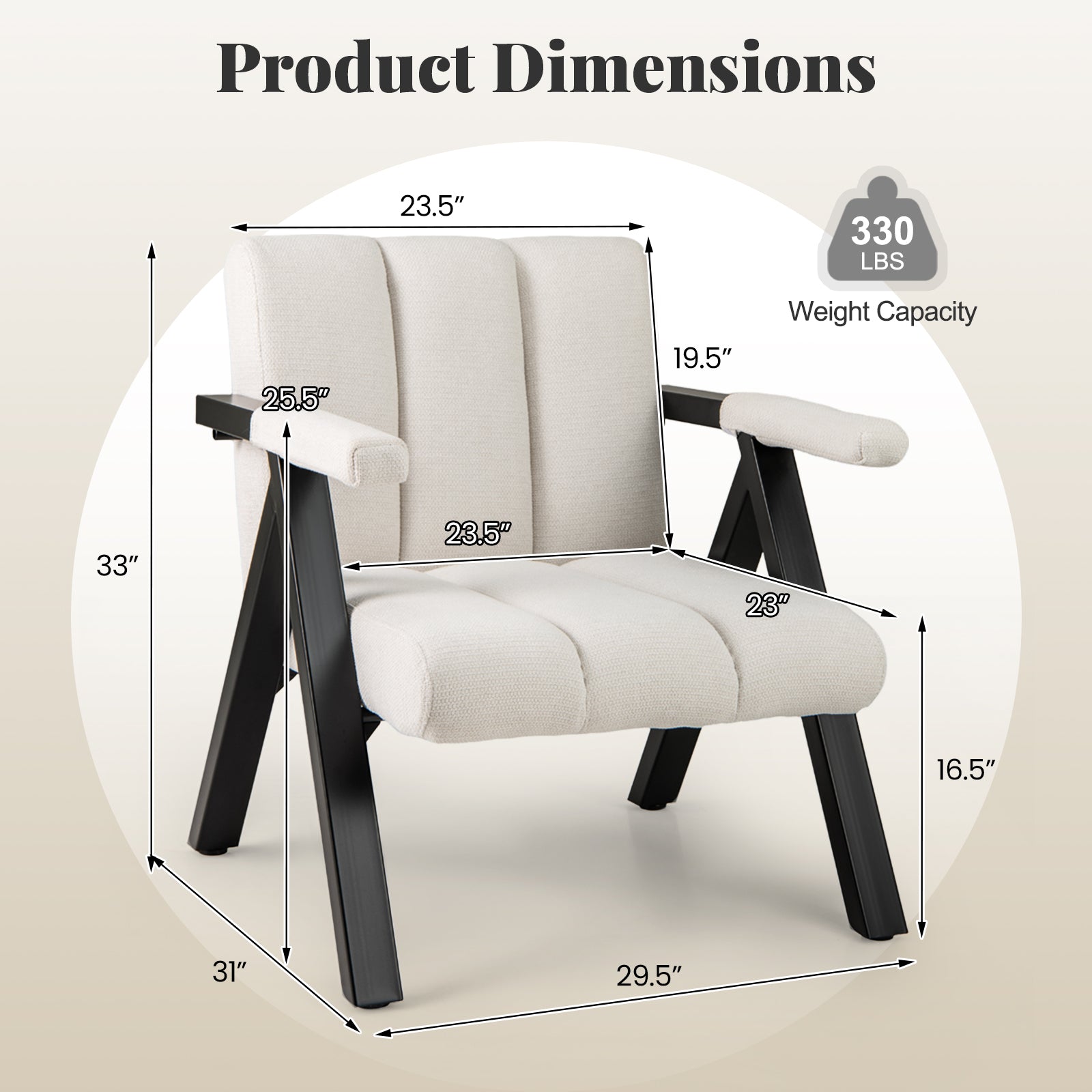 Oversized Accent Chair with Metal Frame and Armrests-Beige
