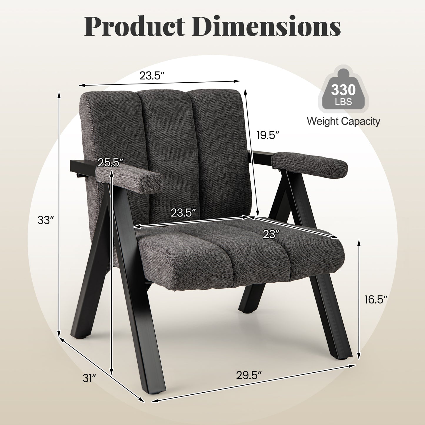 Oversized Accent Chair with Metal Frame and Armrests-Gray