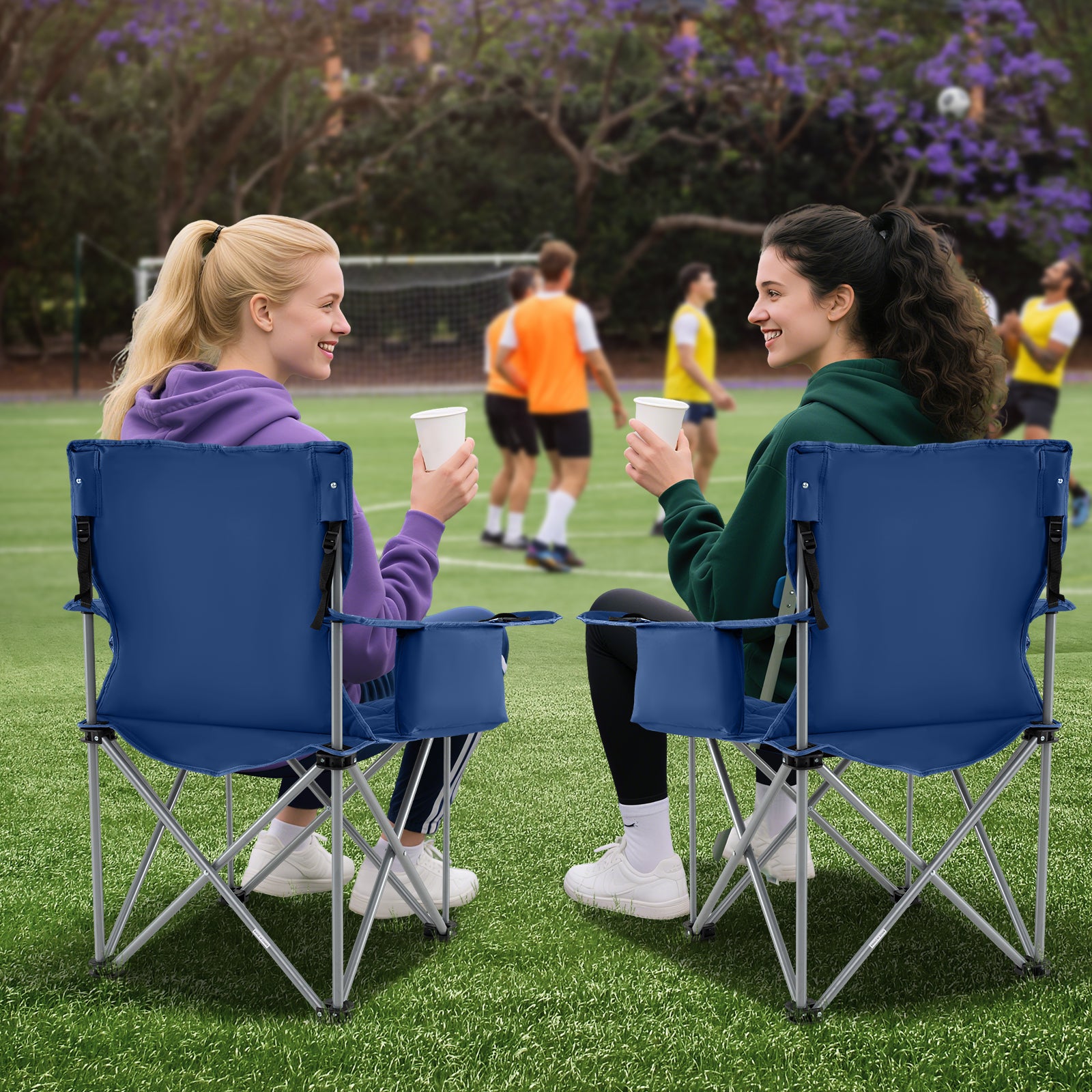 Oversized Camping Chairs Outdoor Folding Chair with Cooler Pouch and Cup Holder-Navy