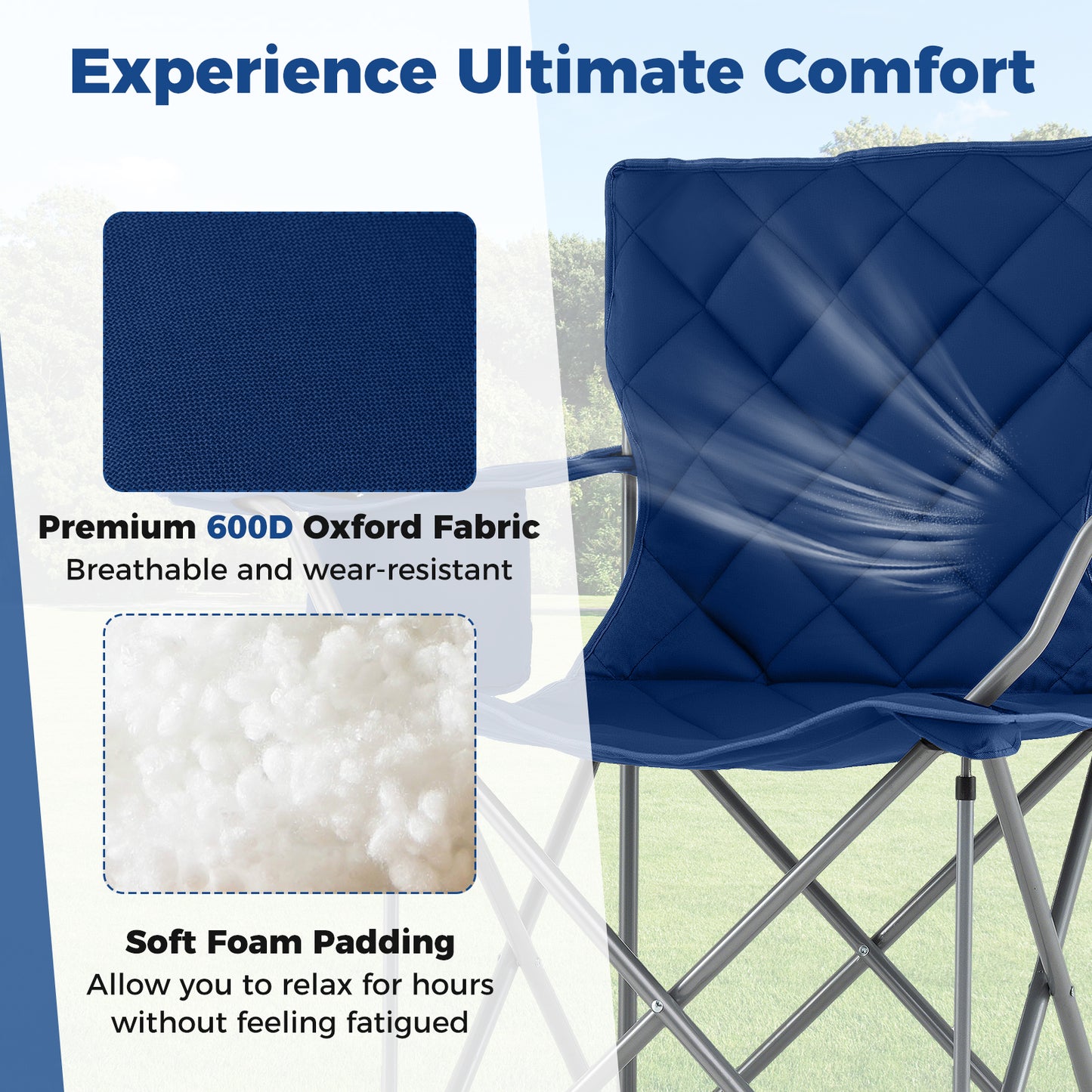 Oversized Camping Chairs Outdoor Folding Chair with Cooler Pouch and Cup Holder-Navy