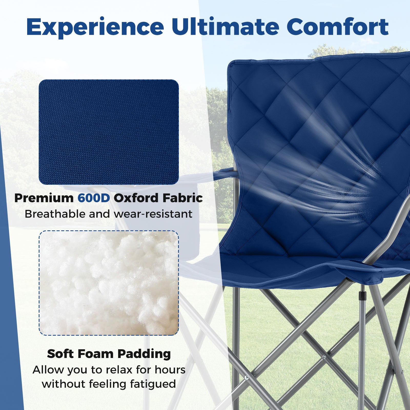 Oversized Camping Chairs Outdoor Folding Chair with Cooler Pouch and Cup Holder-Navy