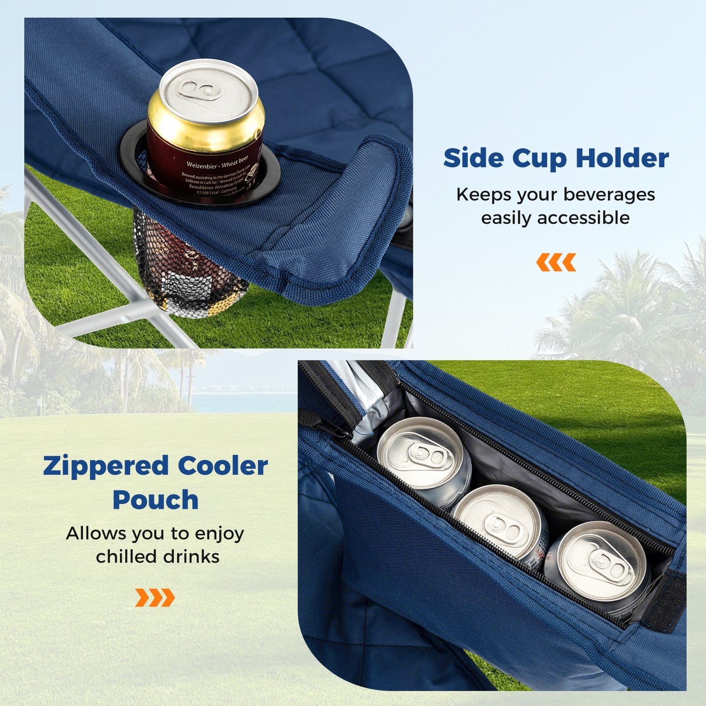 Oversized Camping Chairs Outdoor Folding Chair with Cooler Pouch and Cup Holder-Navy