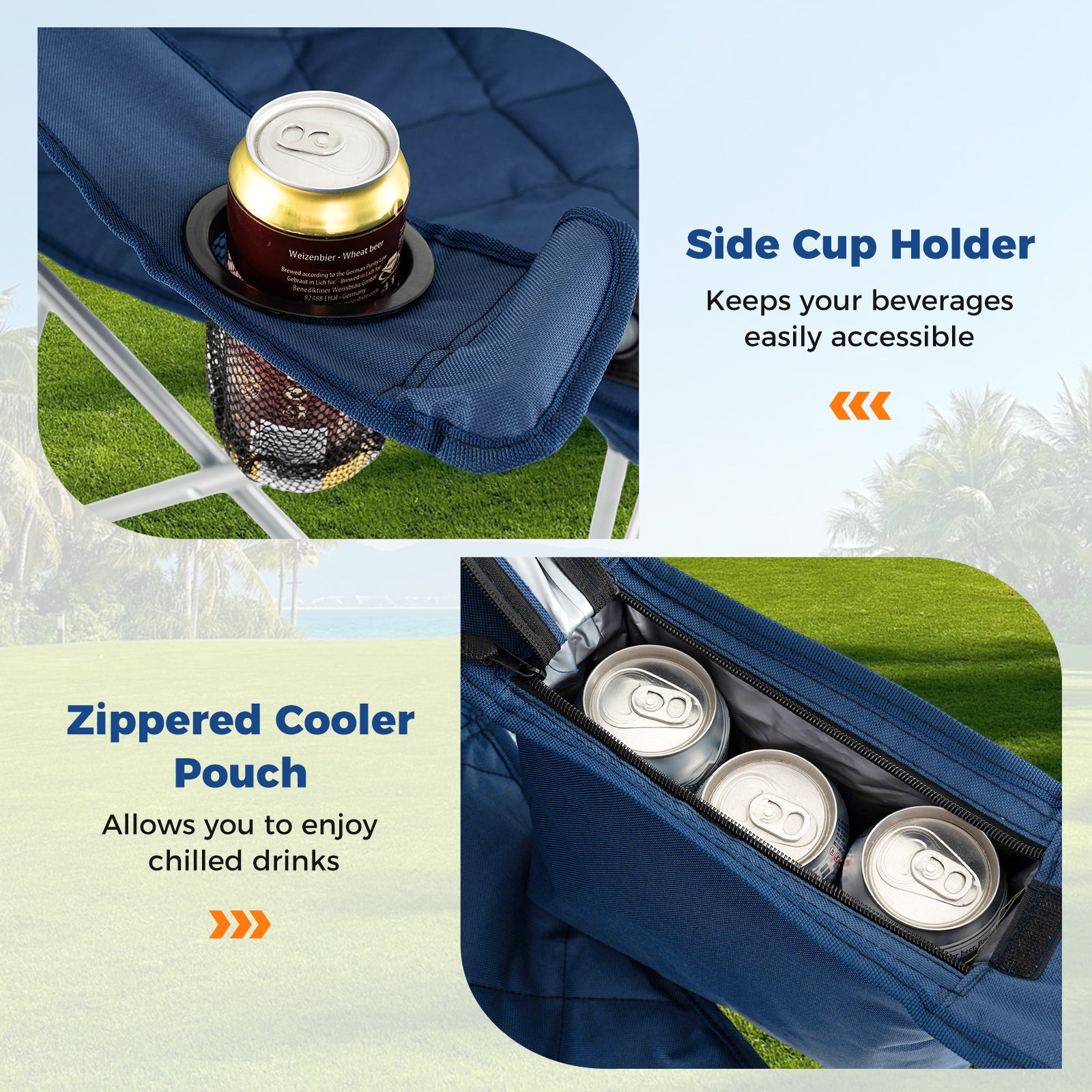 Oversized Camping Chairs Outdoor Folding Chair with Cooler Pouch and Cup Holder-Navy