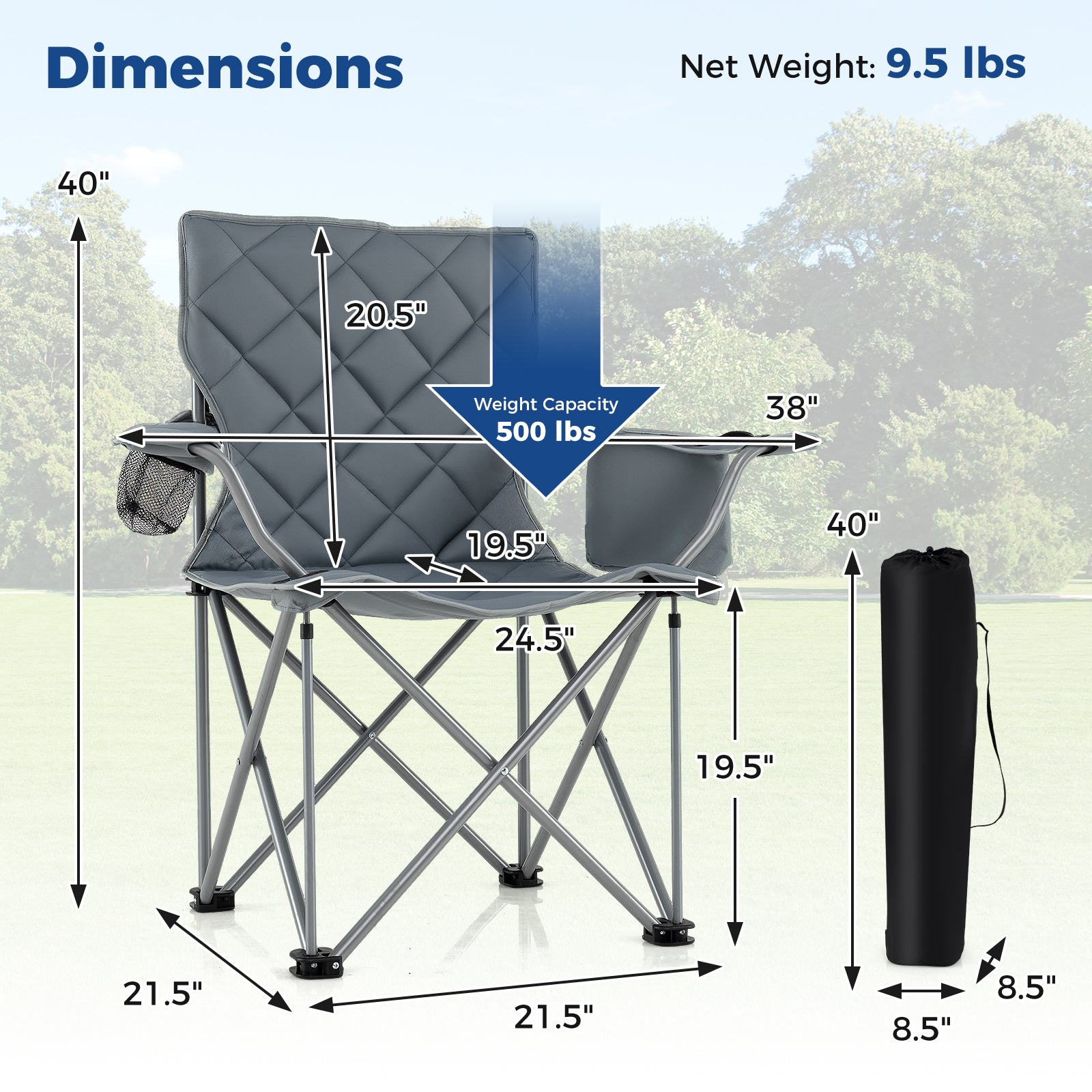 Oversized Camping Chairs Outdoor Folding Chair with Cooler Pouch and Cup Holder-Gray