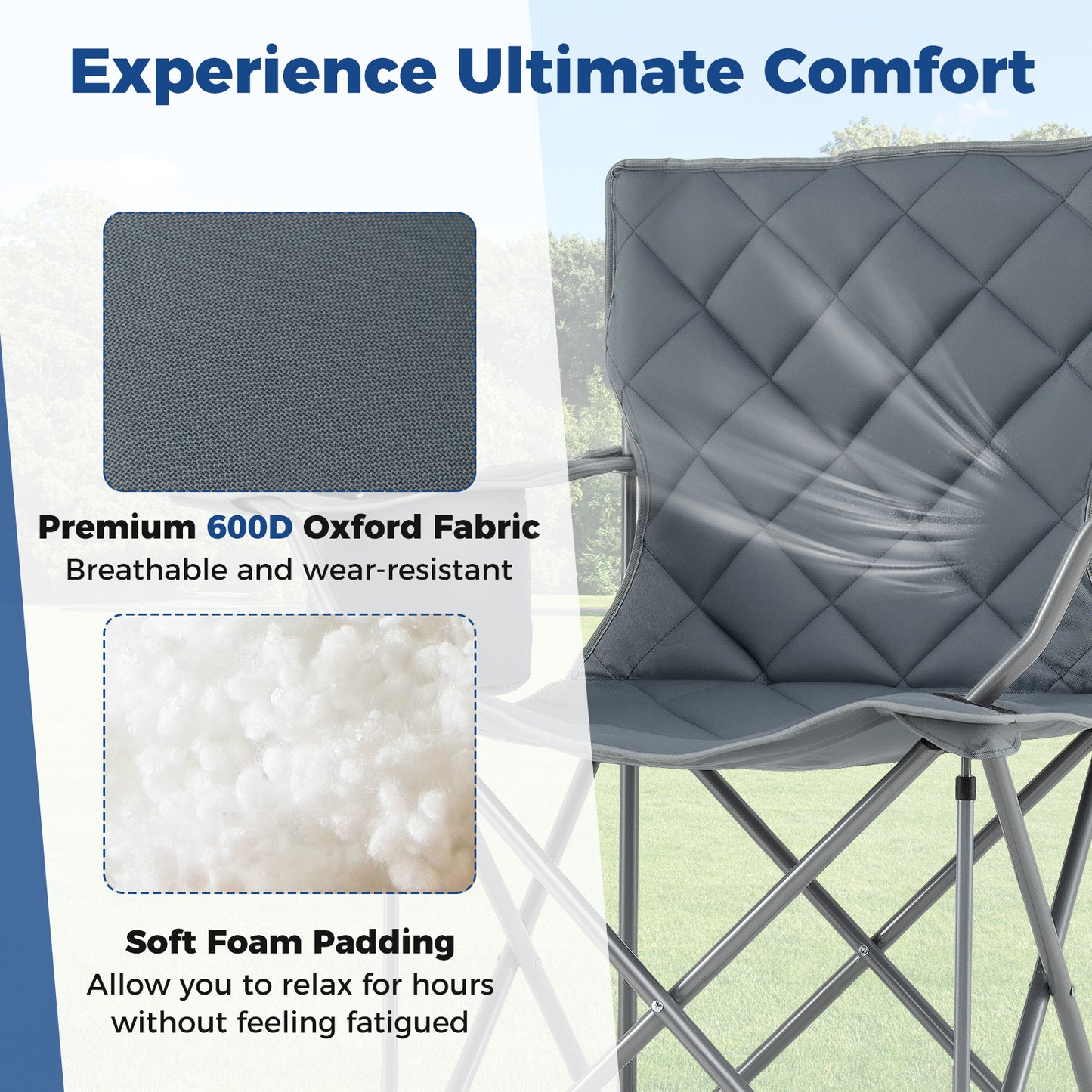 Oversized Camping Chairs Outdoor Folding Chair with Cooler Pouch and Cup Holder-Gray