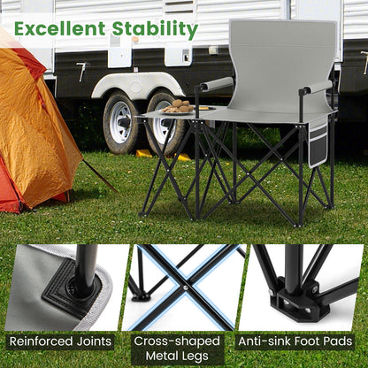 Oversized Camping Chair with Side Table and 2 Storage Pockets-Gray