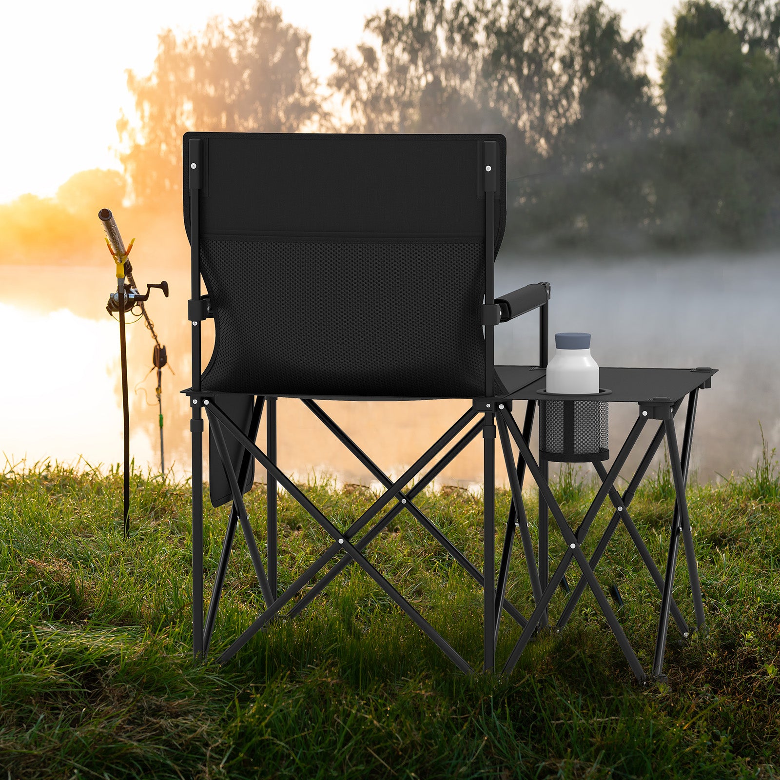 Oversized Camping Chair with Side Table and 2 Storage Pockets-Black