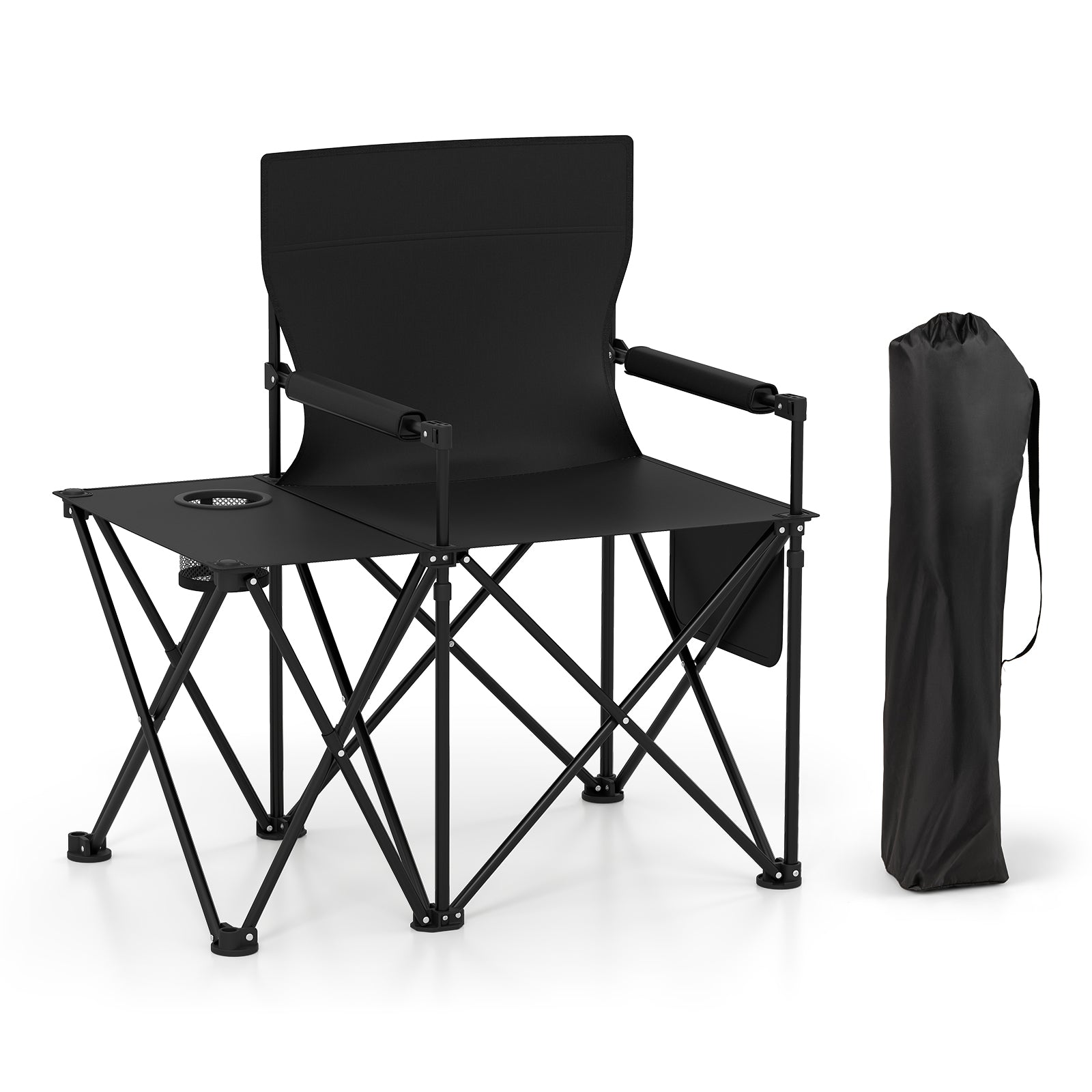 Oversized Camping Chair with Side Table and 2 Storage Pockets-Black
