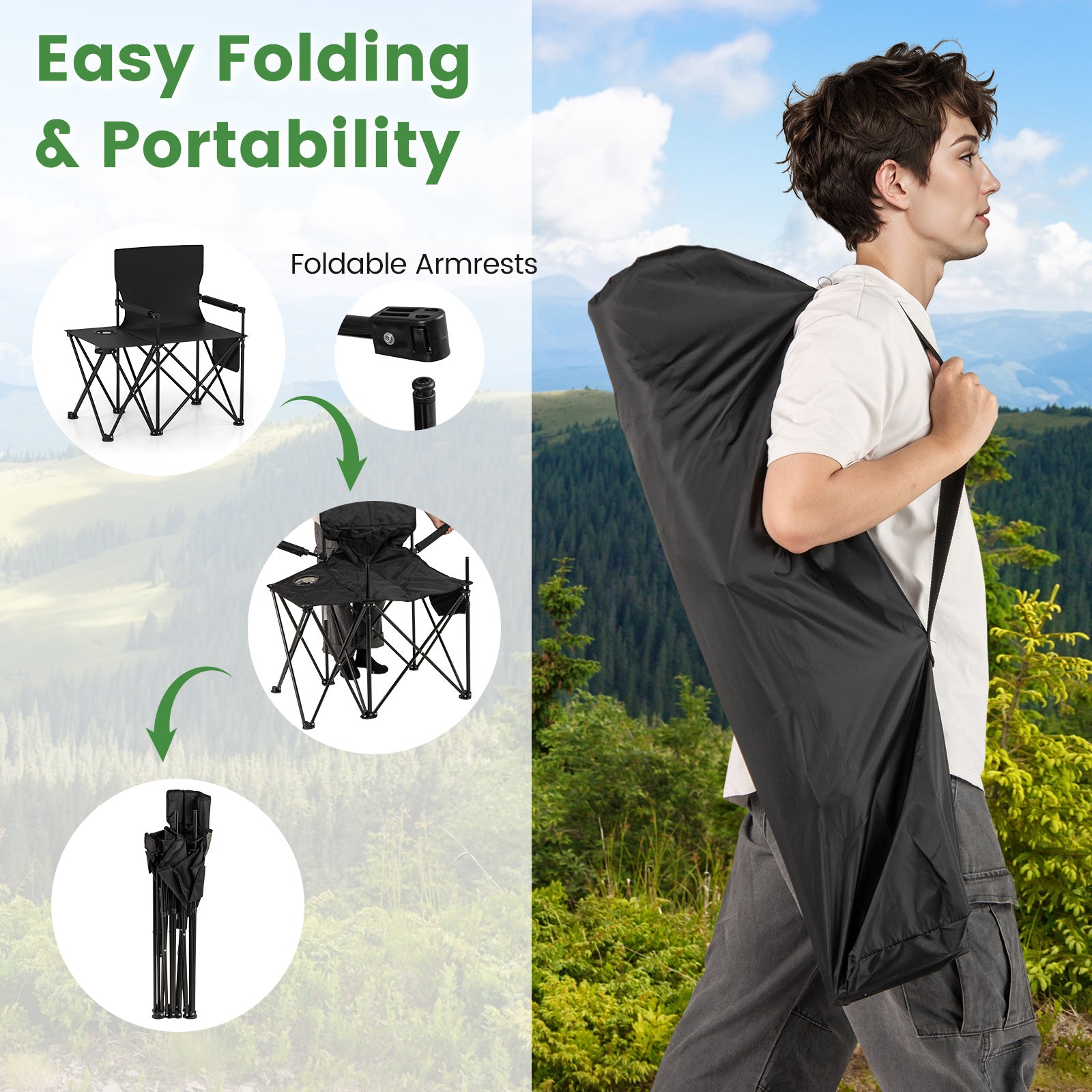 Oversized Camping Chair with Side Table and 2 Storage Pockets-Black