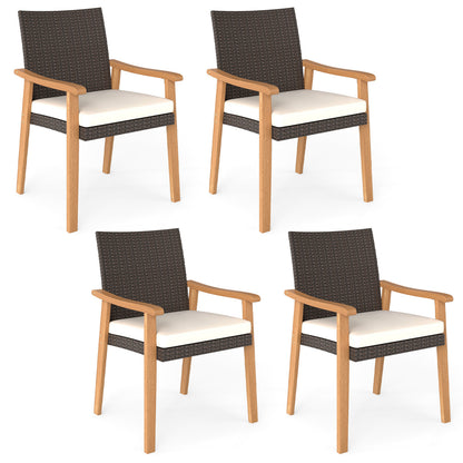 PE Rattan Outdoor Patio Dining Chair Set of 4 with Removable Cushion and Acacia Wood Armrests-White