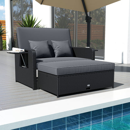 PE Wicker Outdoor Daybed with 4-Level Adjustable Backrest and Storage Ottoman-Gray