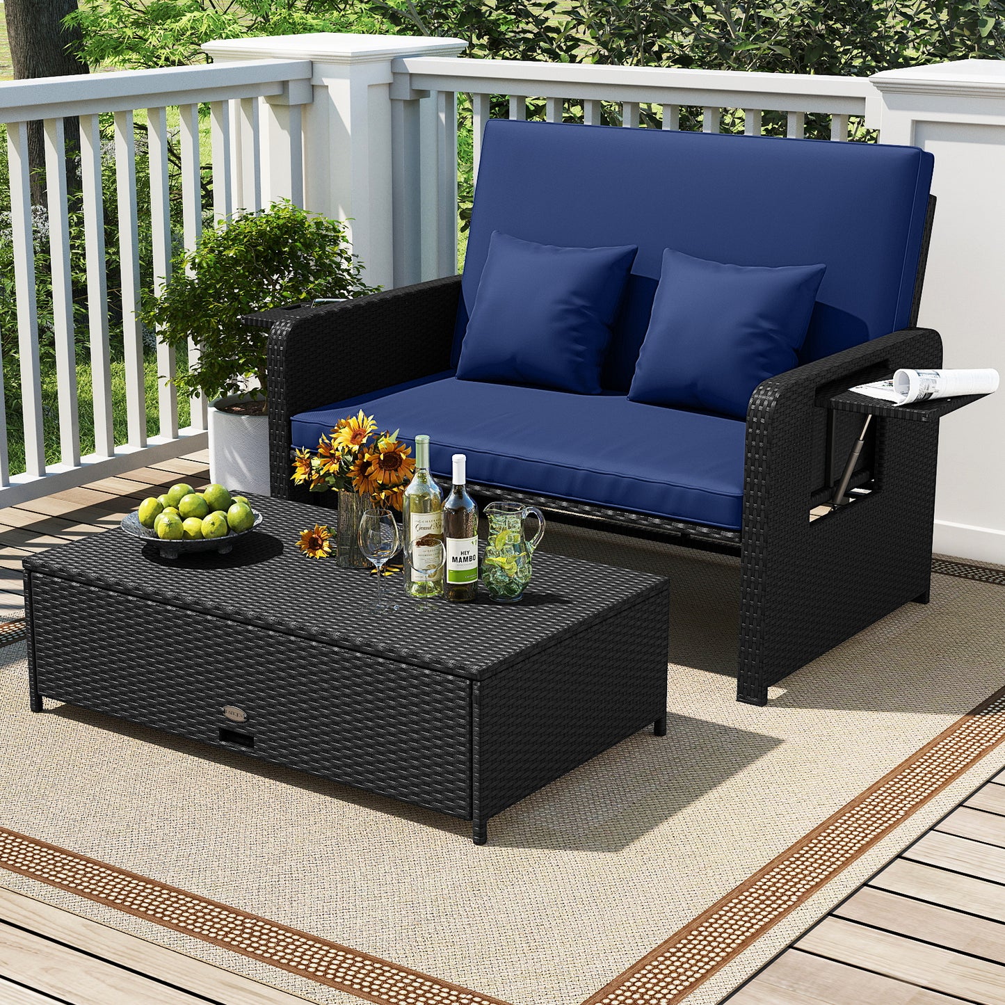 PE Wicker Outdoor Daybed with 4-Level Adjustable Backrest and Storage Ottoman-Navy