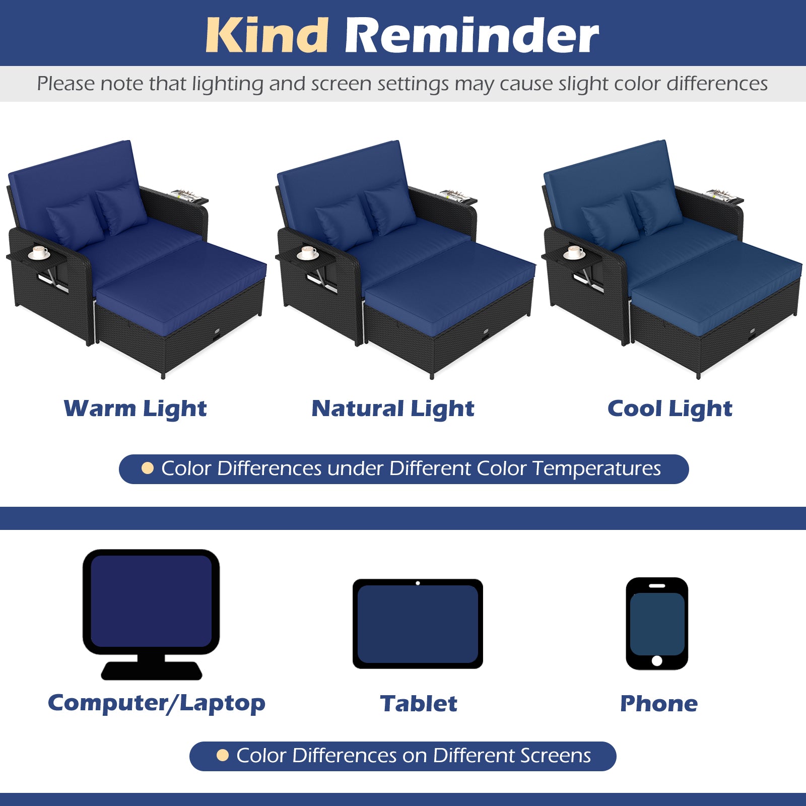 PE Wicker Outdoor Daybed with 4-Level Adjustable Backrest and Storage Ottoman-Navy