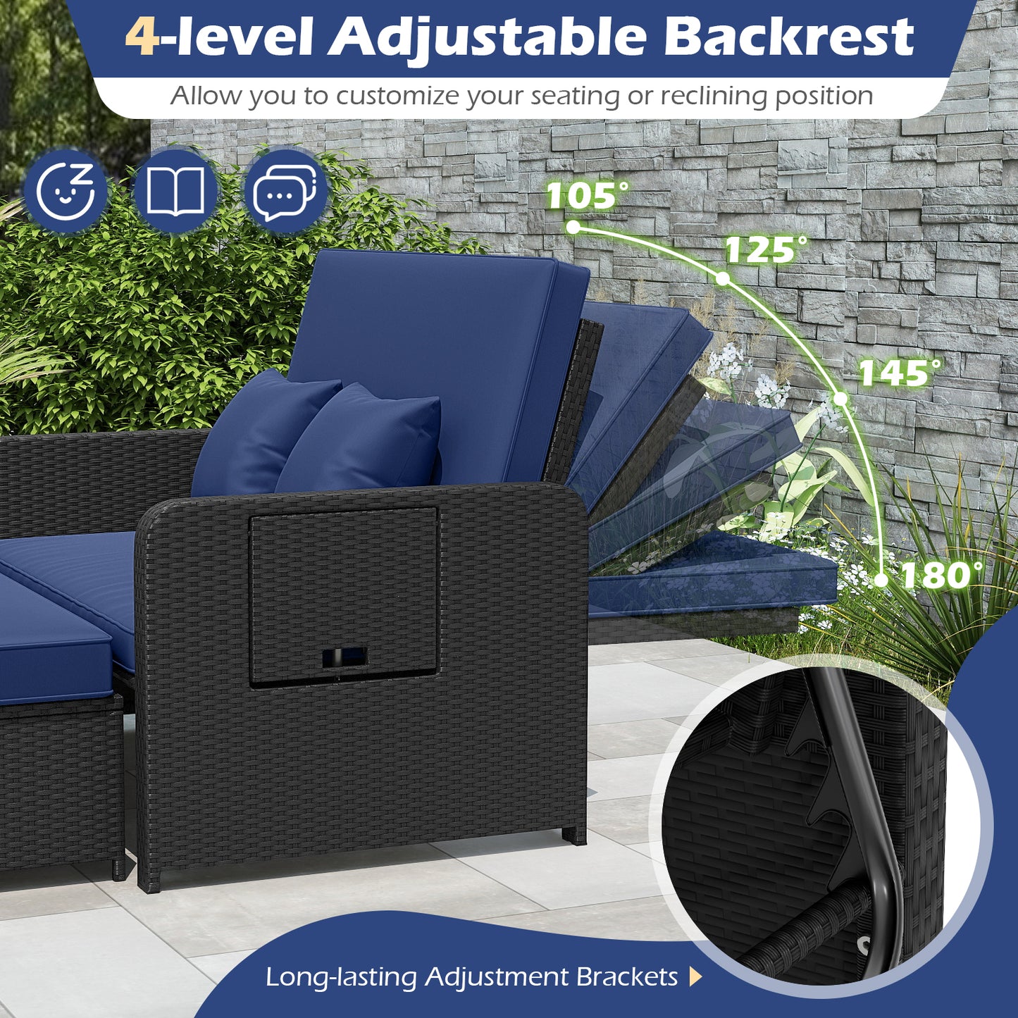 PE Wicker Outdoor Daybed with 4-Level Adjustable Backrest and Storage Ottoman-Navy