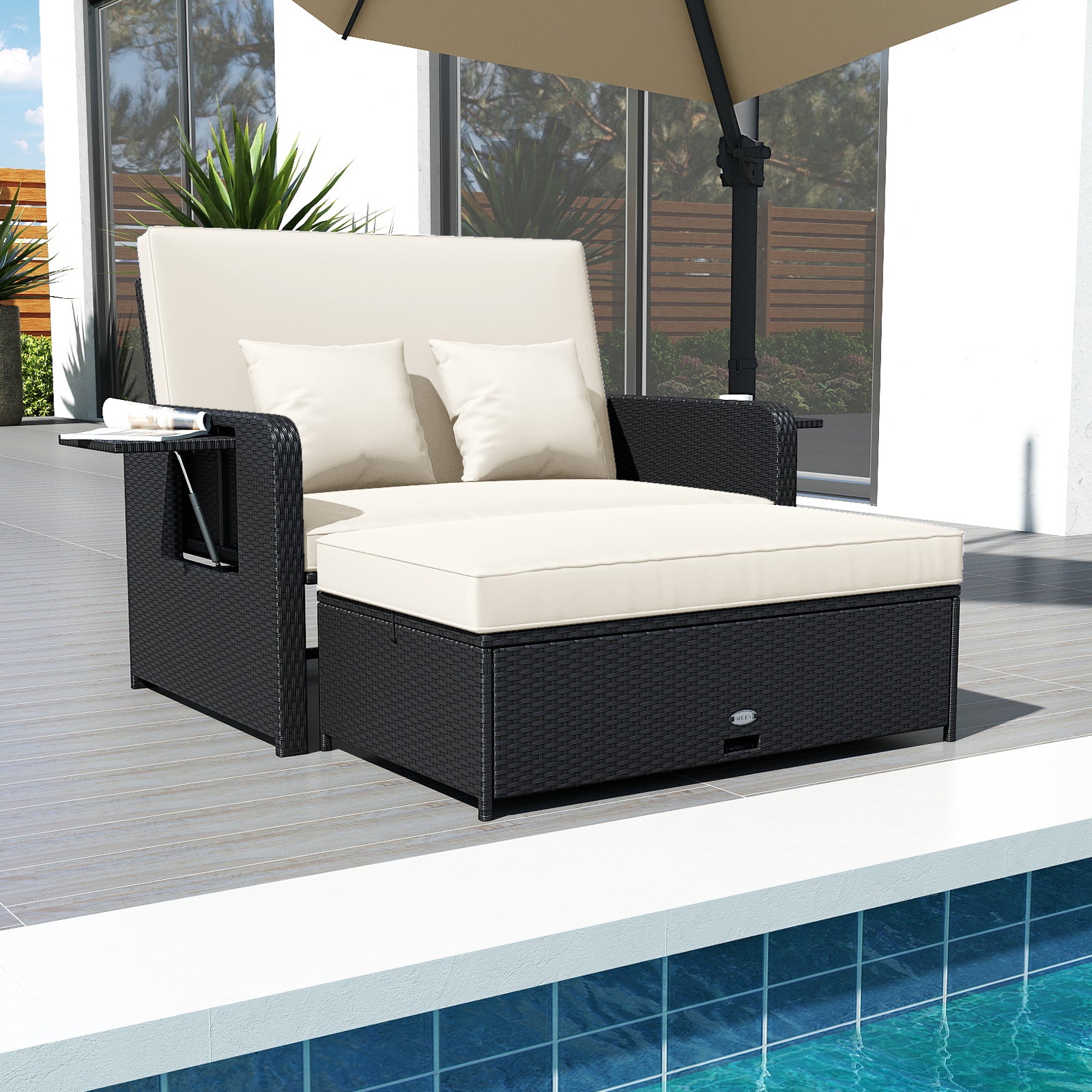 PE Wicker Outdoor Daybed with 4-Level Adjustable Backrest and Storage Ottoman-White