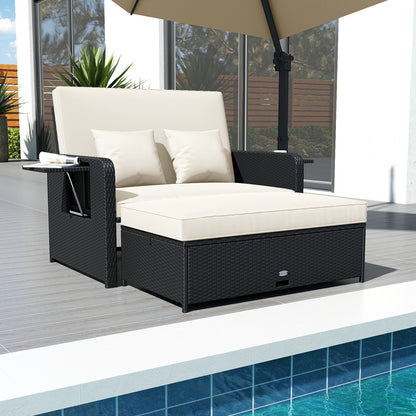 PE Wicker Outdoor Daybed with 4-Level Adjustable Backrest and Storage Ottoman-White
