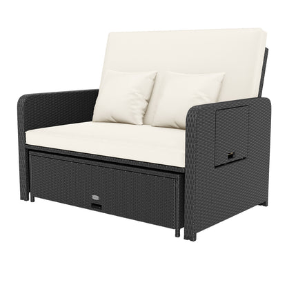 PE Wicker Outdoor Daybed with 4-Level Adjustable Backrest and Storage Ottoman-White