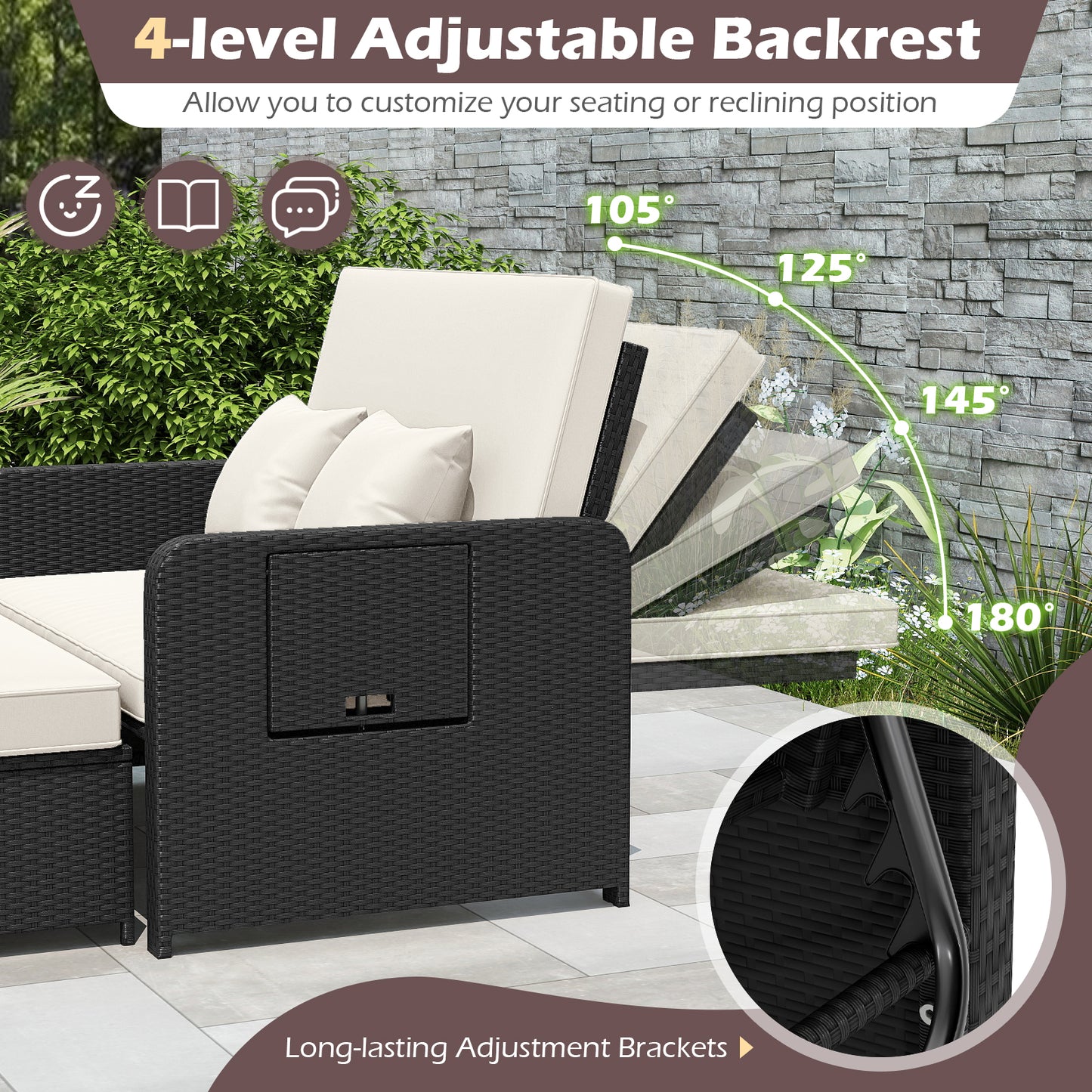 PE Wicker Outdoor Daybed with 4-Level Adjustable Backrest and Storage Ottoman-White