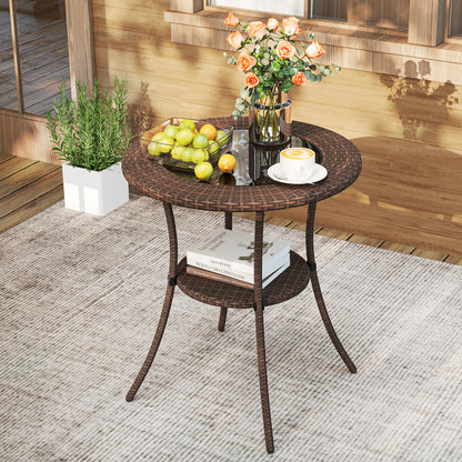 PE Wicker Patio Bistro Table Round with Tempered Glass Top and Shelf