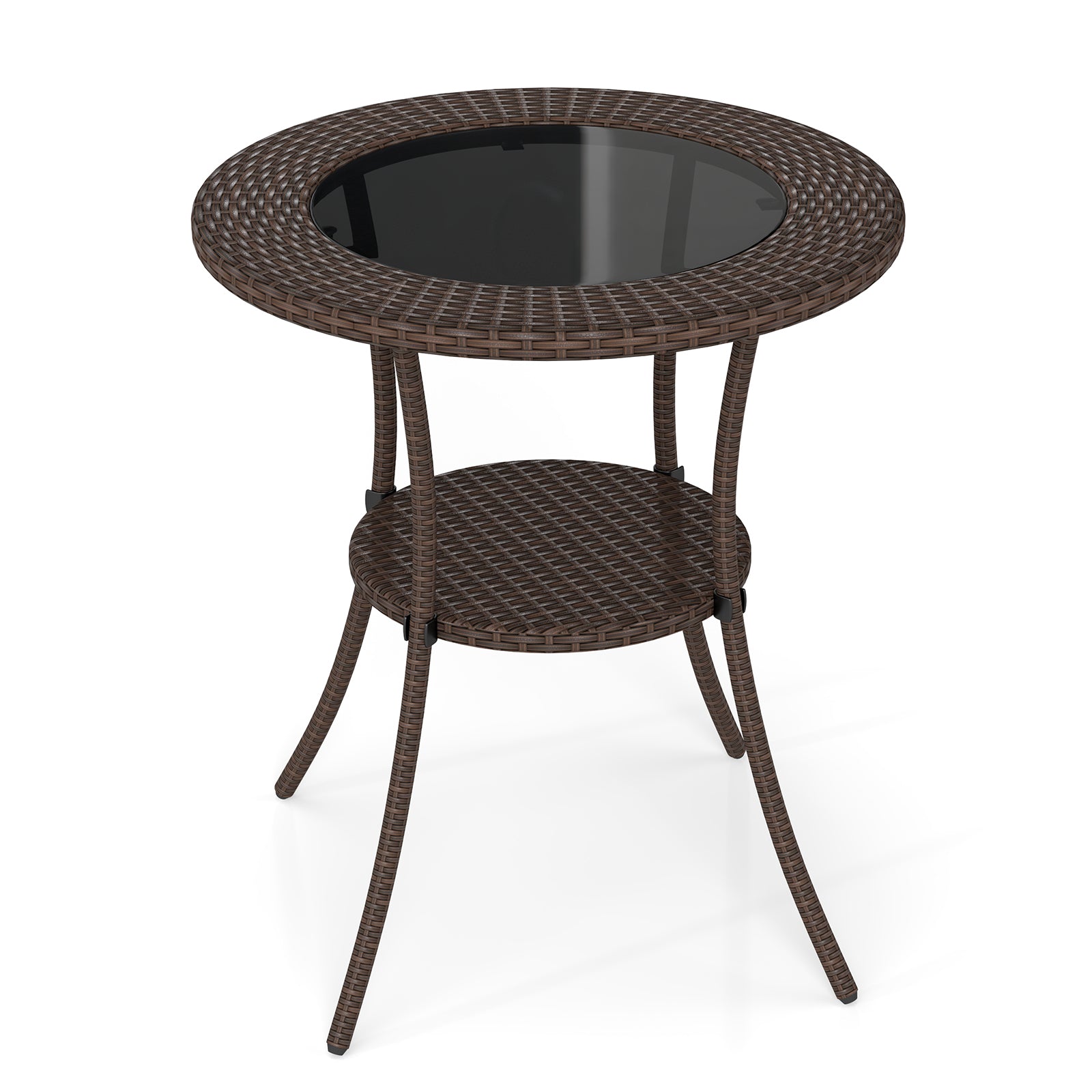 PE Wicker Patio Bistro Table Round with Tempered Glass Top and Shelf