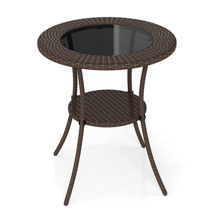 PE Wicker Patio Bistro Table Round with Tempered Glass Top and Shelf
