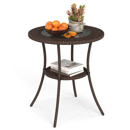 PE Wicker Patio Bistro Table Round with Tempered Glass Top and Shelf