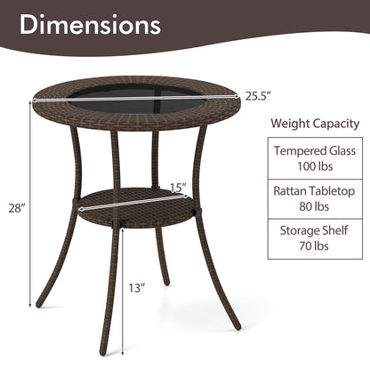 PE Wicker Patio Bistro Table Round with Tempered Glass Top and Shelf
