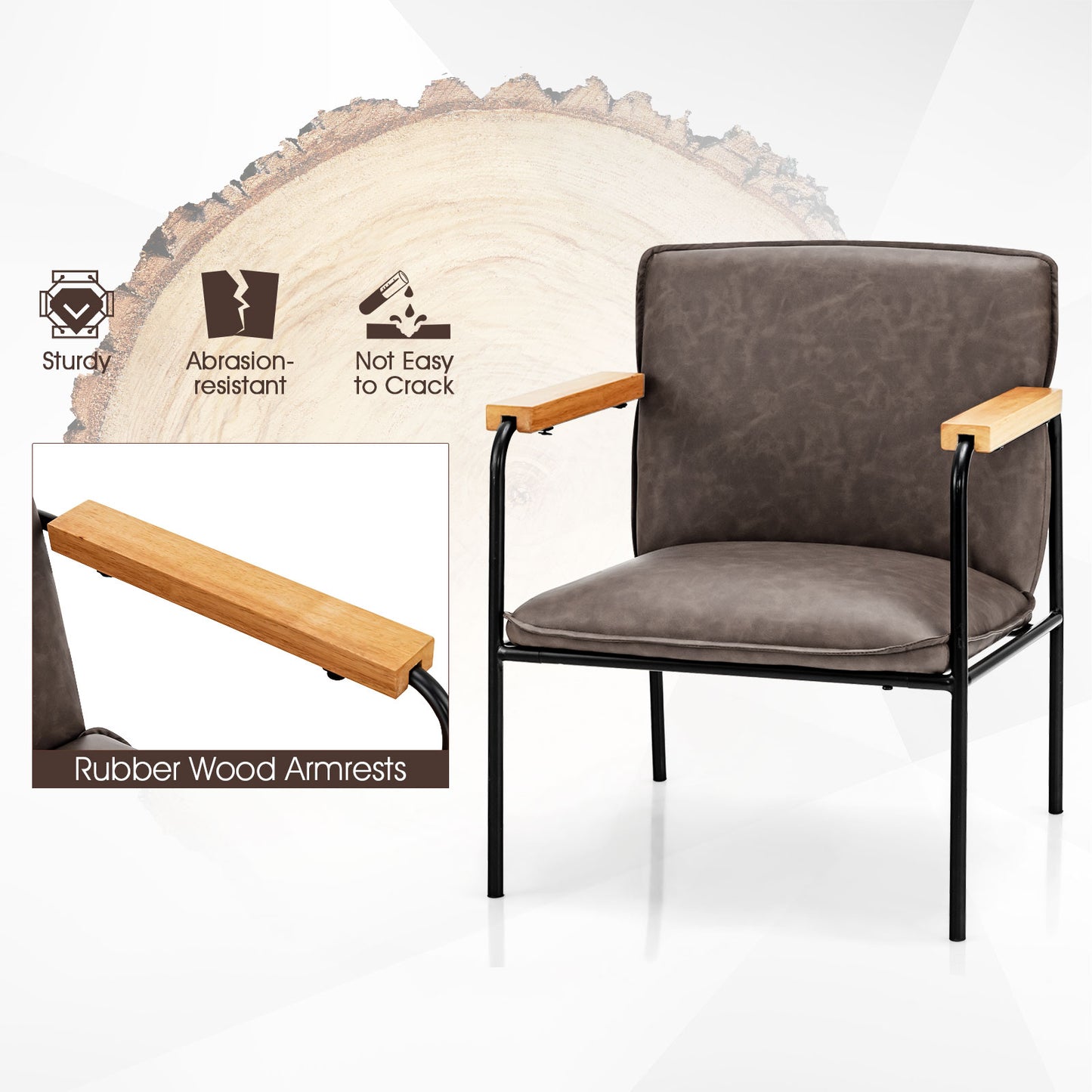 PU Leather Accent Chair with Rubber Wood Armrests-Gray