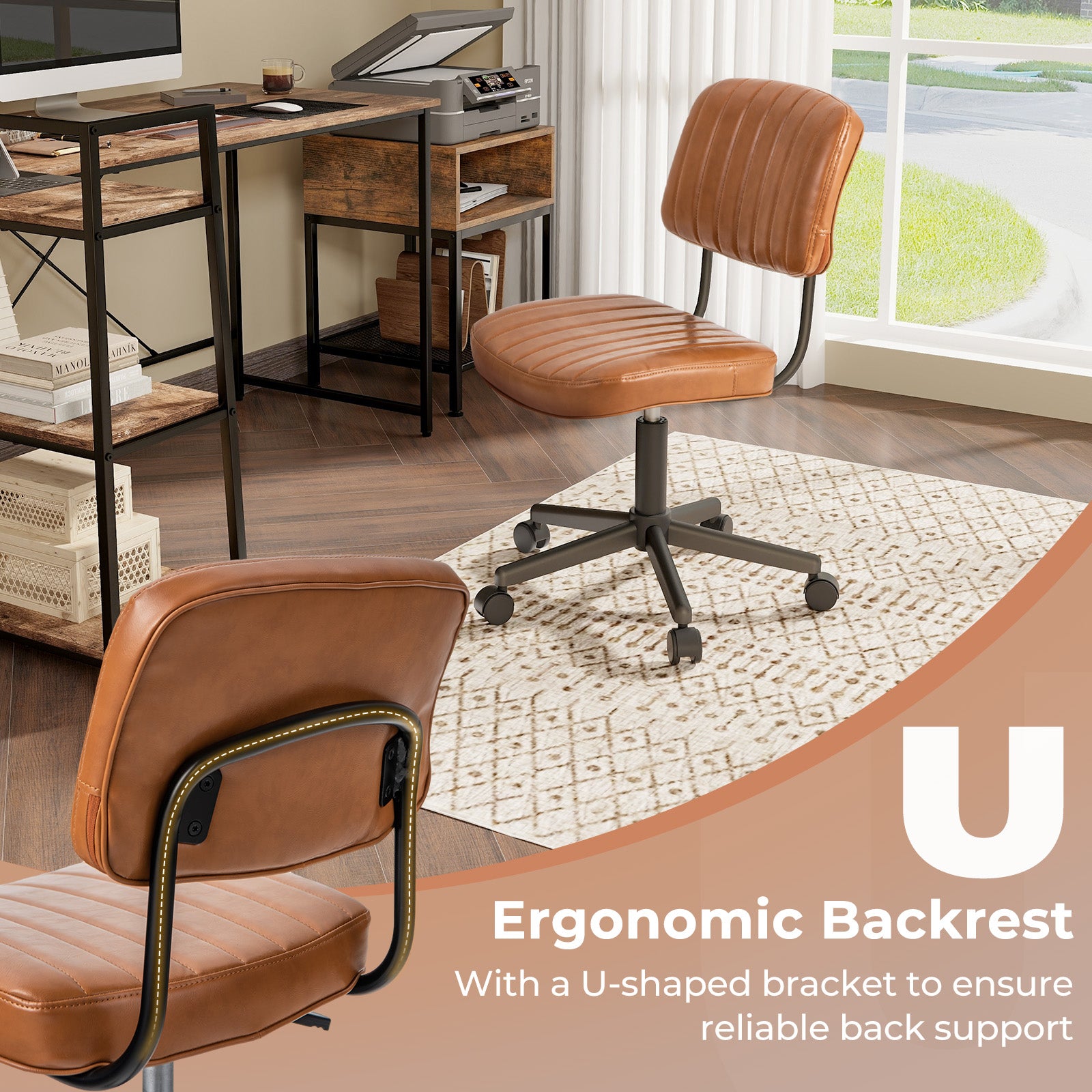 PU Leather Adjustable Office Chair Swivel Task Chair with Backrest-Orange