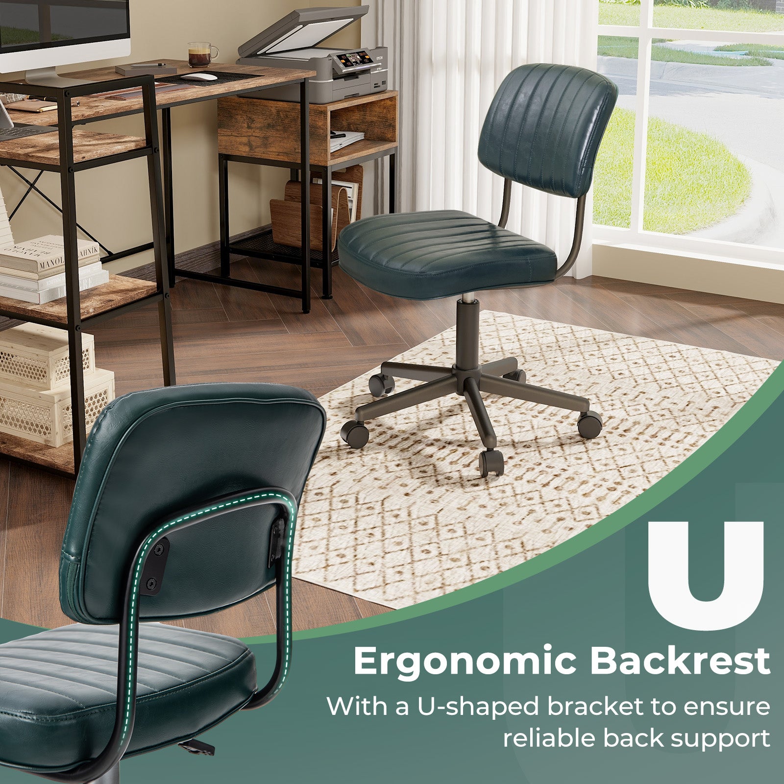 PU Leather Adjustable Office Chair Swivel Task Chair with Backrest-Green