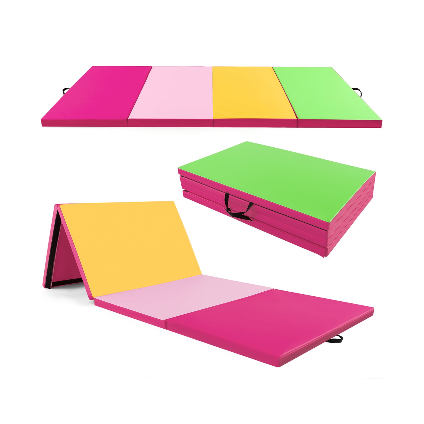 4-Panel PU Leather Folding Exercise Mat with Carrying Handles-Blue - Green