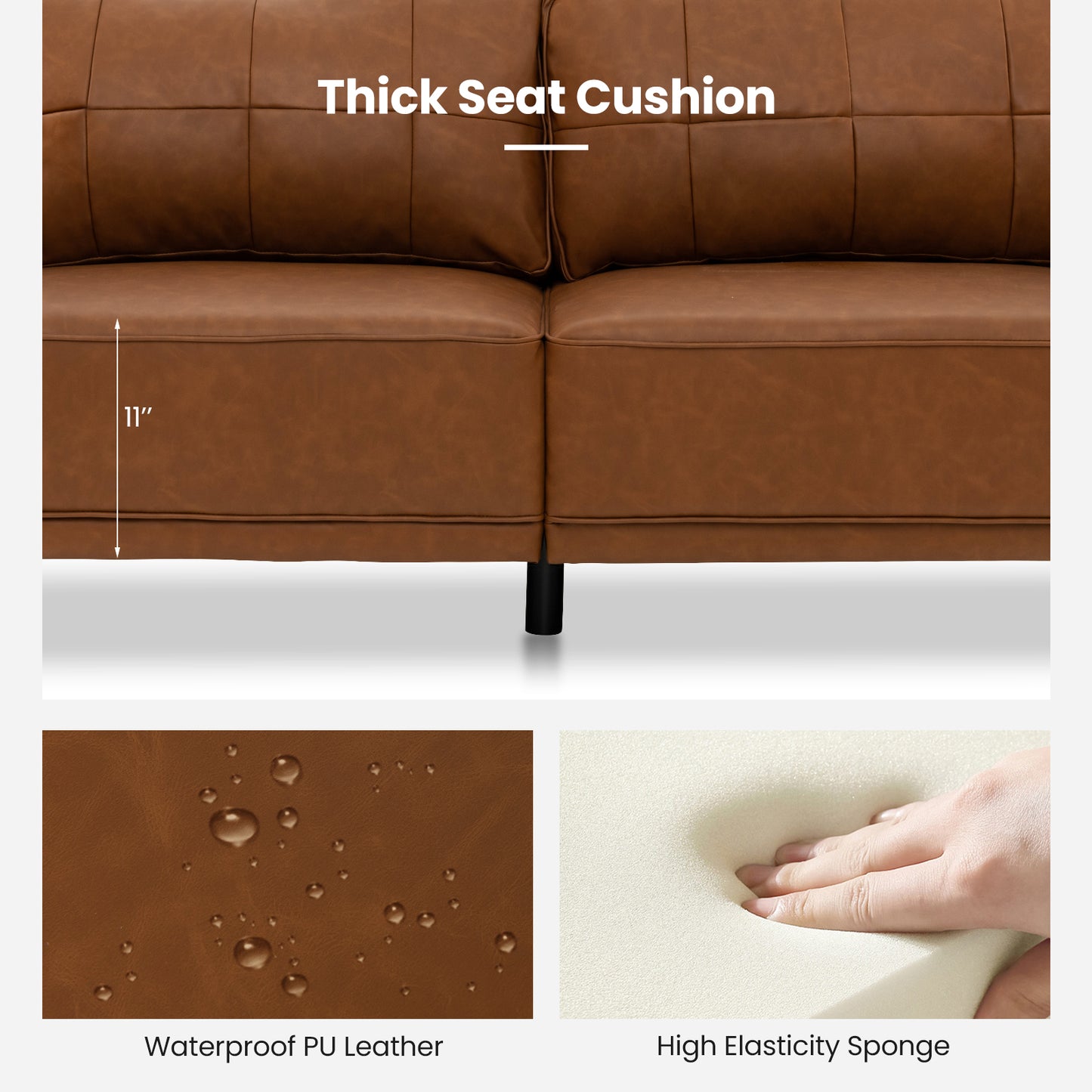 PU Leather Modern 3-Seater Sofa Couch with 2 Detachable Back Pillows-Brown