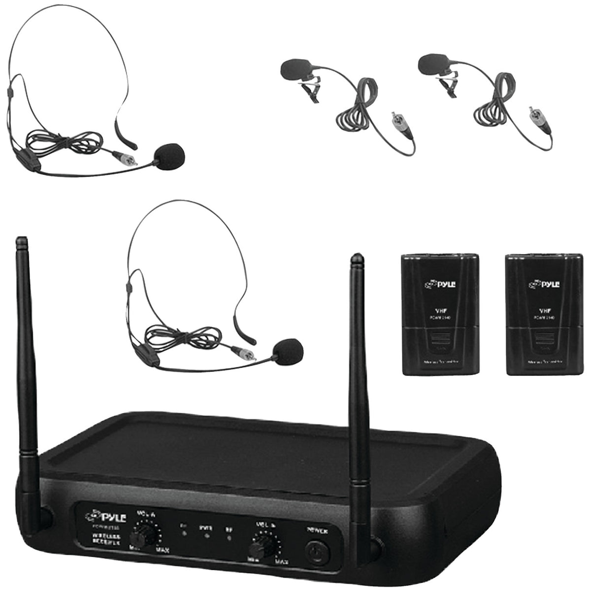 Pyle Dual-Channel VHF Wireless Microphone System with 2 Lavalier & 2 Headset Mics
