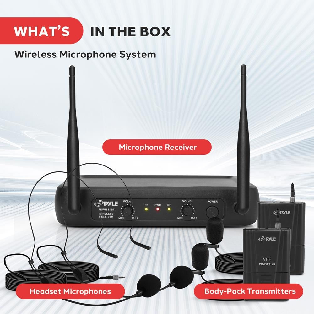 Pyle Dual-Channel VHF Wireless Microphone System with 2 Lavalier & 2 Headset Mics - view 12