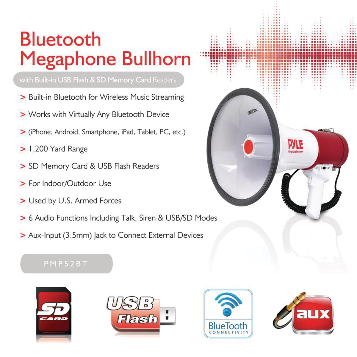 Pyle 50W Bluetooth Megaphone Bullhorn with Siren, USB/SD & Aux, 1,200-Yd. Range - view 2