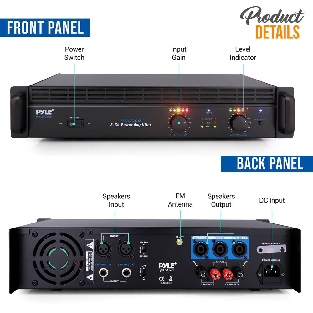 Pyle 1,000W Bridgeable 2-Channel Rack-Mount Pro Power Amplifier with Bluetooth - view 3