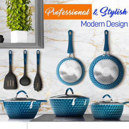 NutriChef 11-Piece Diamond Nonstick Cookware Set, Blue - view 2