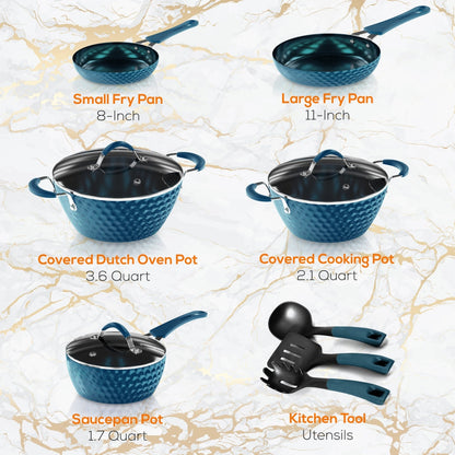 NutriChef 11-Piece Diamond Nonstick Cookware Set, Blue - view 7