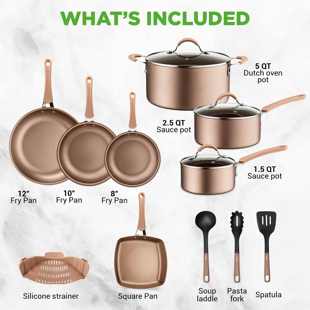 NutriChef 14-Piece Ceramic Nonstick Cookware Set, Gold - view 7