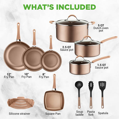 NutriChef 14-Piece Ceramic Nonstick Cookware Set, Gold - view 7