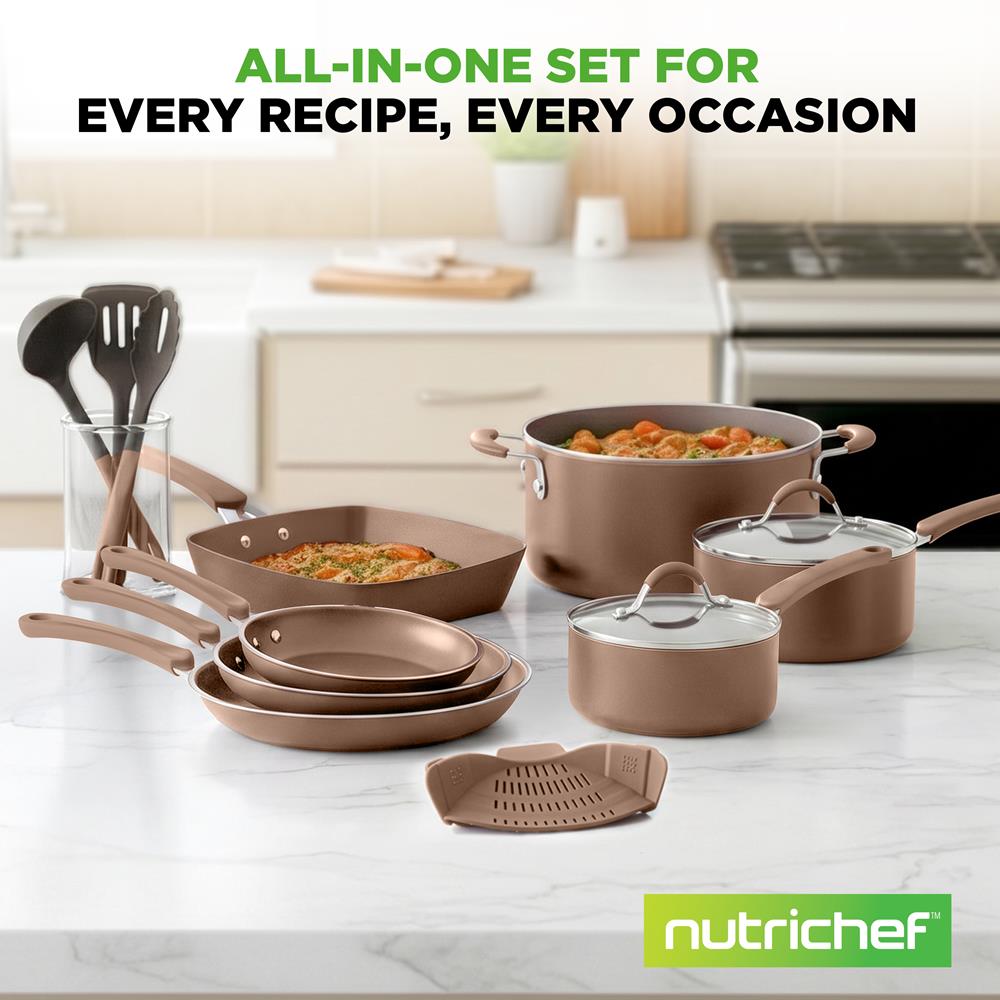 NutriChef 14-Piece Ceramic Nonstick Cookware Set, Gold - view 8