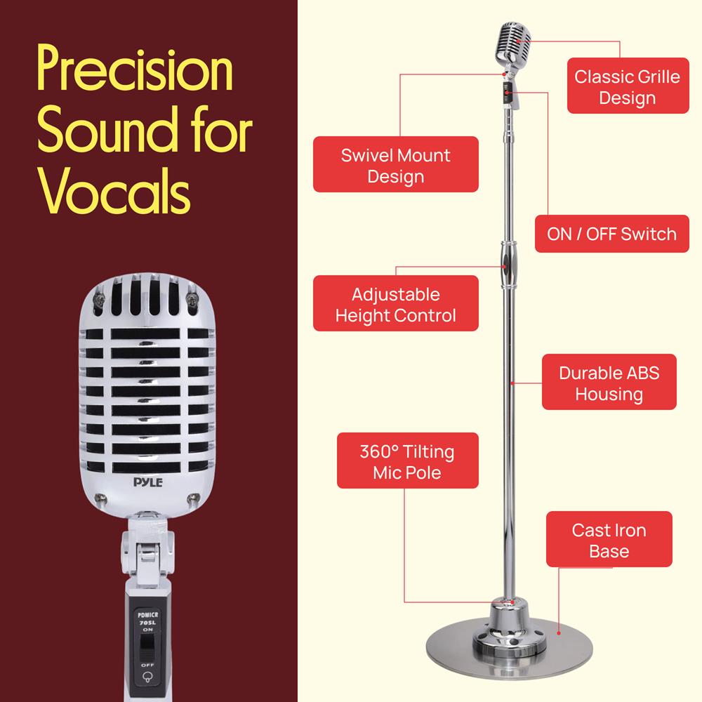 Pyle Retro Vintage-Style Dynamic Microphone with Adjustable Swing Stand, Silver - view 7