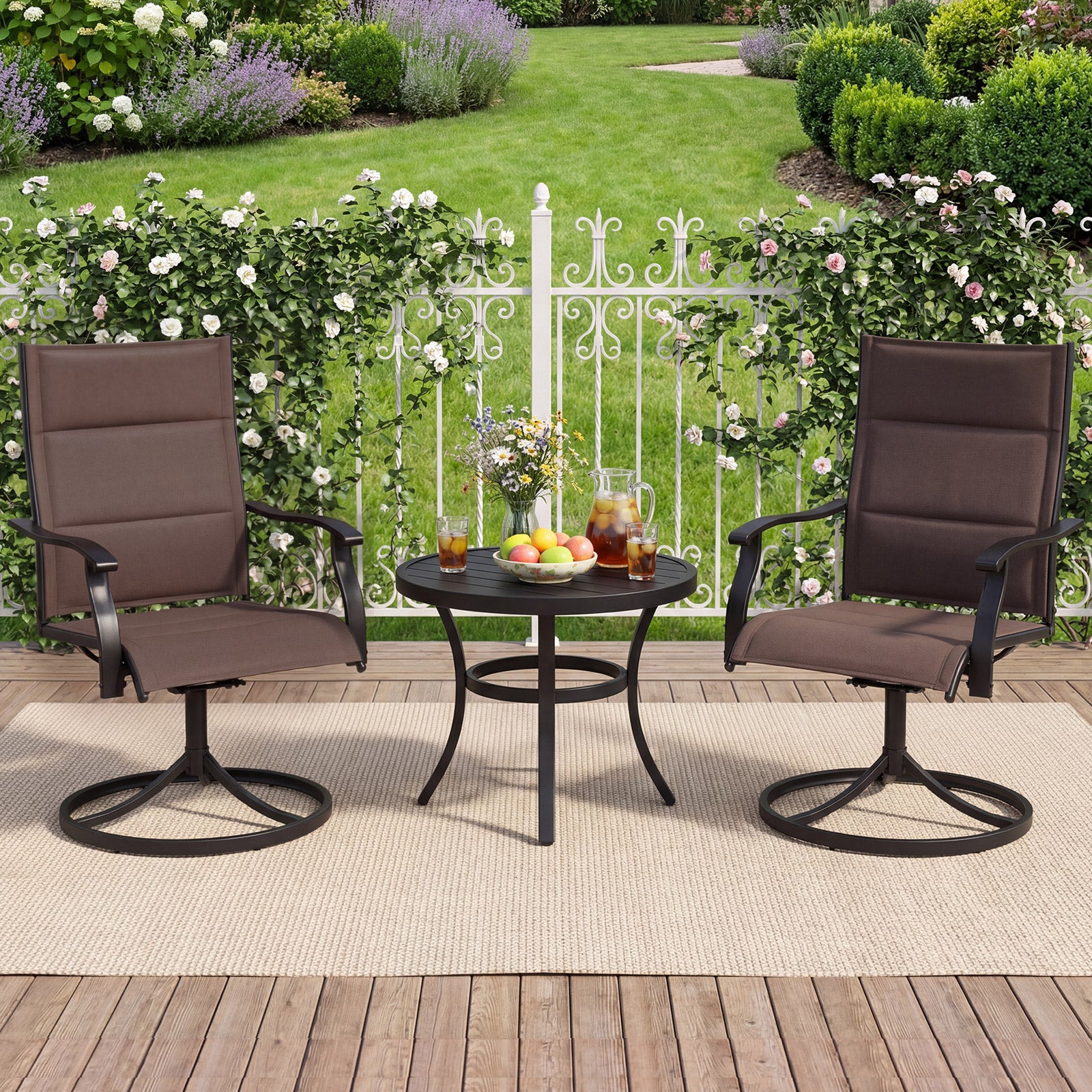 Padded Patio Swivel Chairs Set of 2 Ergonomic Outdoor Dining Chairs with Breathable Fabric-Brown